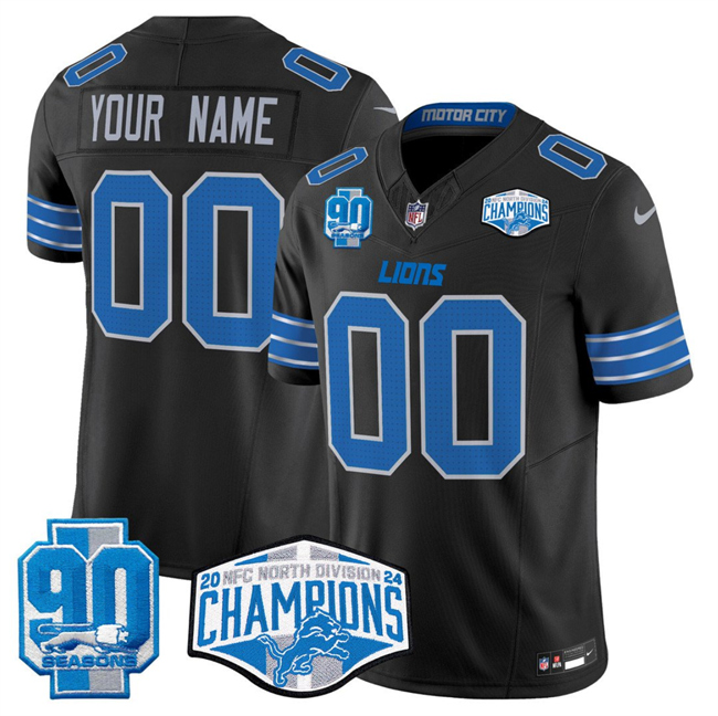 Personalized Men’s Detroit Lions Active Player Black 2024 NFC North Champions 90th Anniversary Patch F.U.S.E. Limited Stitched Jersey