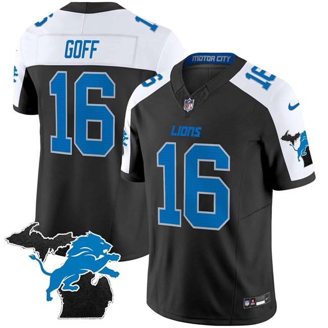 Personalized Men’s Detroit Lions #16 Jared Goff Black White F.U.S.E. 2024 Michigan Patch Limited Stitched Jersey