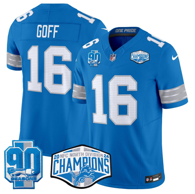 Personalized Men’s Detroit Lions #16 Jared Goff Blue 2024 NFC North Champions 90th Anniversary Patch F.U.S.E. Limited Stitched Jersey