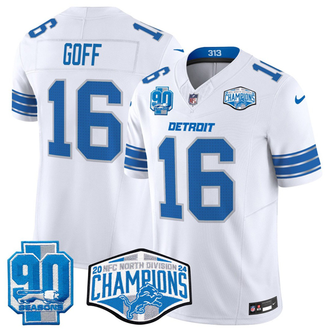 Personalized Men’s Detroit Lions #16 Jared Goff White 2024 NFC North Champions 90th Anniversary Patch F.U.S.E. Limited Stitched Jersey