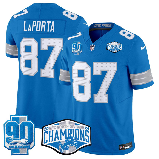 Personalized Men’s Detroit Lions #87 Sam LaPorta Blue 2024 NFC North Champions 90th Anniversary Patch F.U.S.E. Limited Stitched Jersey