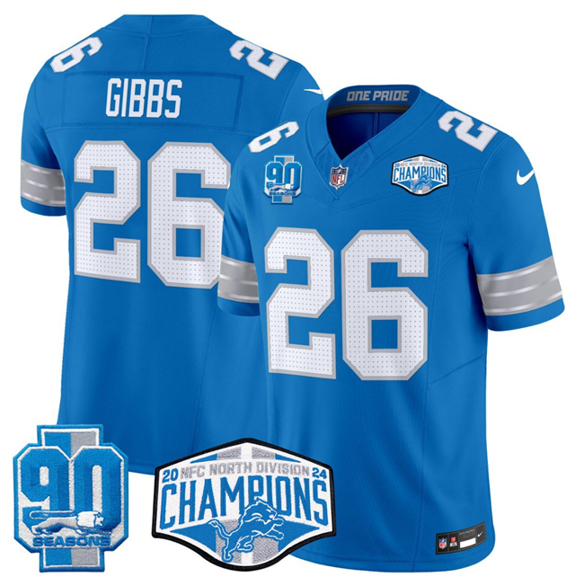 Personalized Men’s Detroit Lions #26 Jahmyr Gibbs Blue 2024 NFC North Champions 90th Anniversary Patch F.U.S.E. Limited Stitched Jersey