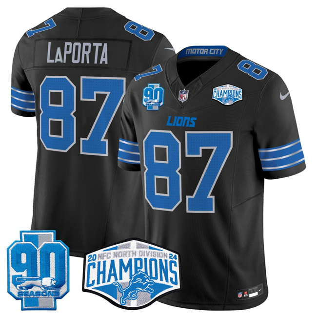 Personalized Men’s Detroit Lions #87 Sam LaPorta Black 2024 NFC North Champions 90th Anniversary Patch F.U.S.E. Limited Stitched Jersey