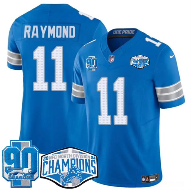 Personalized Men’s Detroit Lions #11 Kalif Raymond Blue 2024 NFC North Champions 90th Anniversary Patch F.U.S.E. Limited Stitched Jersey