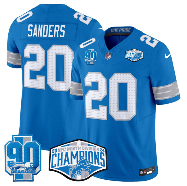Personalized Men’s Detroit Lions #20 Barry Sanders Blue 2024 NFC North Champions 90th Anniversary Patch F.U.S.E. Limited Stitched Jersey