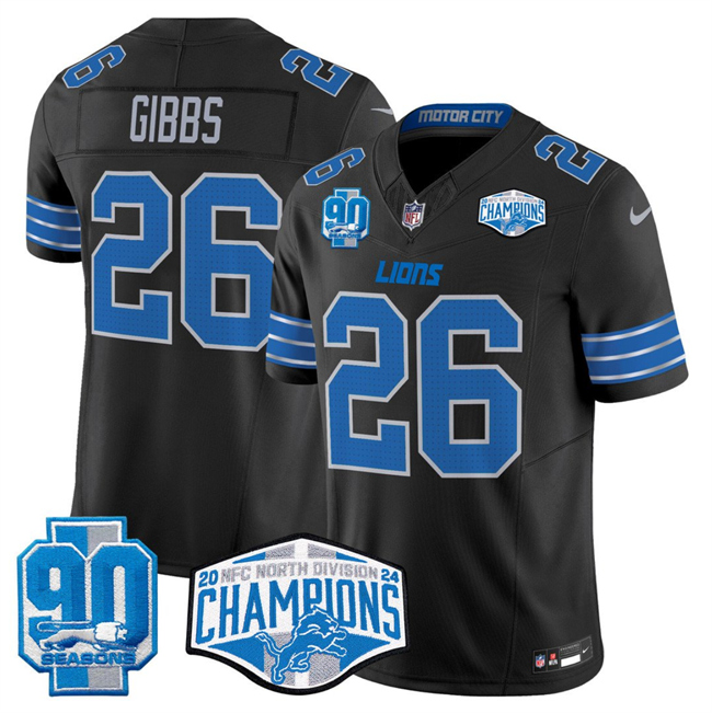 Personalized Men’s Detroit Lions #26 Jahmyr Gibbs Black 2024 NFC North Champions 90th Anniversary Patch F.U.S.E. Limited Stitched Jersey