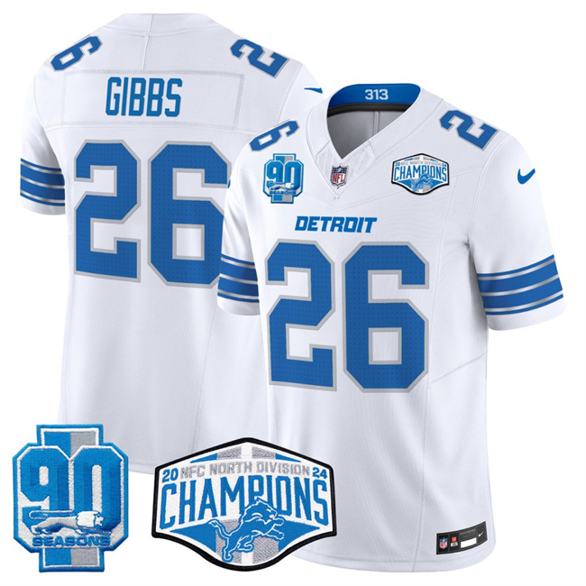 Personalized Men’s Detroit Lions #26 Jahmyr Gibbs White 2024 NFC North Champions 90th Anniversary Patch F.U.S.E. Limited Stitched Jersey
