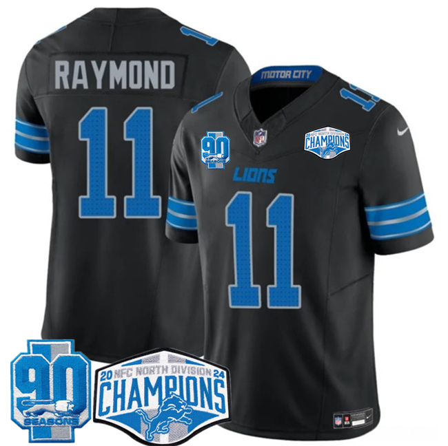 Personalized Men’s Detroit Lions #11 Kalif Raymond Black 2024 NFC North Champions 90th Anniversary Patch F.U.S.E. Limited Stitched Jersey