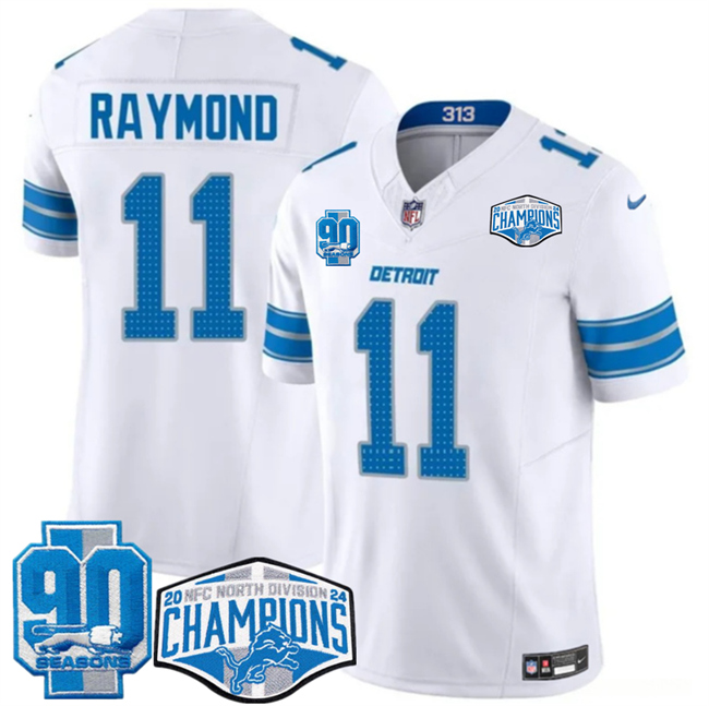 Personalized Men’s Detroit Lions #11 Kalif Raymond White 2024 NFC North Champions 90th Anniversary Patch F.U.S.E. Limited Stitched Jersey