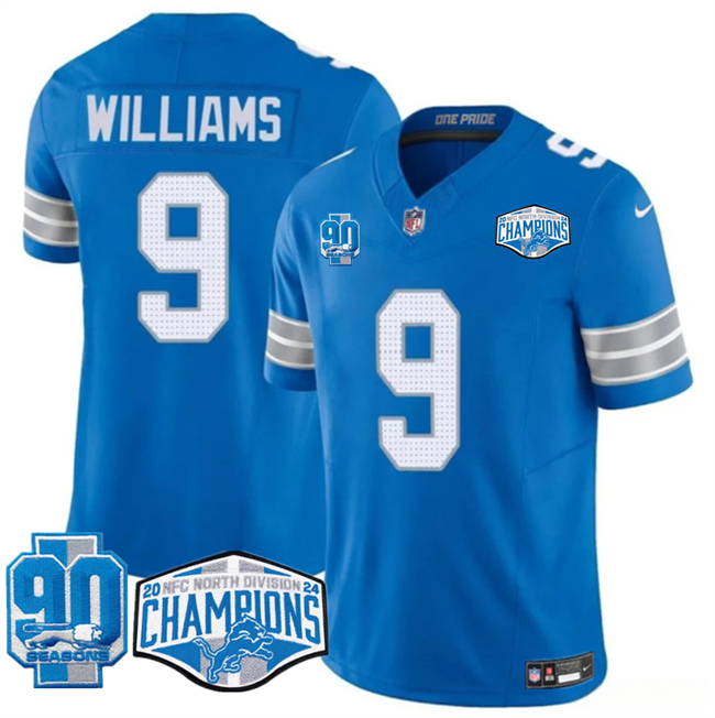 Personalized Men’s Detroit Lions #9 Jameson Williams Blue 2024 NFC North Champions 90th Anniversary Patch F.U.S.E. Limited Stitched Jersey