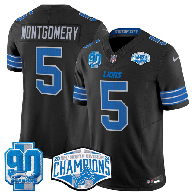 Personalized Men’s Detroit Lions #5 David Montgomery Black 2024 NFC North Champions 90th Anniversary Patch F.U.S.E. Limited Stitched Jersey