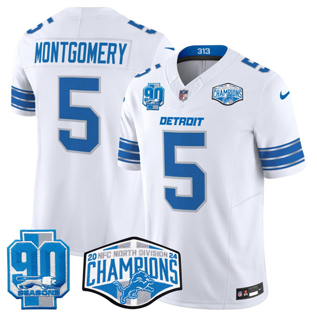 Personalized Men’s Detroit Lions #5 David Montgomery White 2024 NFC North Champions 90th Anniversary Patch F.U.S.E. Limited Stitched Jersey