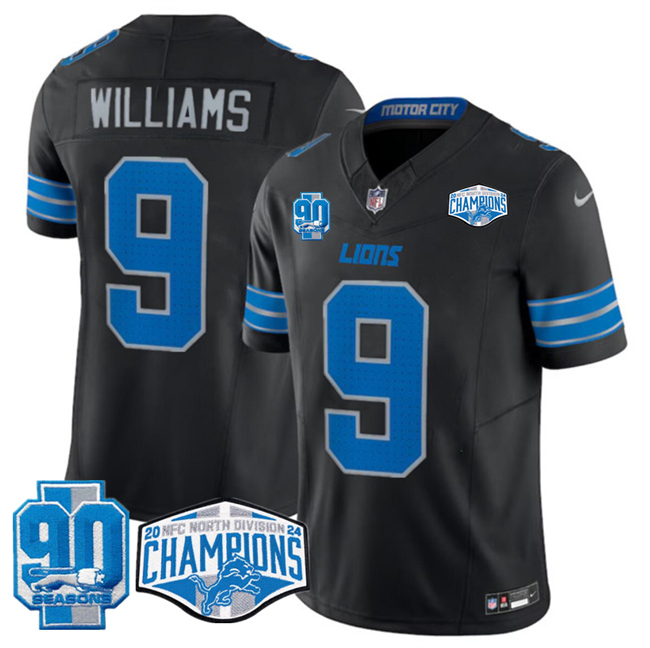 Personalized Men’s Detroit Lions #9 Jameson Williams Black 2024 NFC North Champions 90th Anniversary Patch F.U.S.E. Limited Stitched Jersey