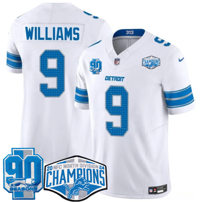 Personalized Men’s Detroit Lions #9 Jameson Williams White 2024 NFC North Champions 90th Anniversary Patch F.U.S.E. Limited Stitched Jersey