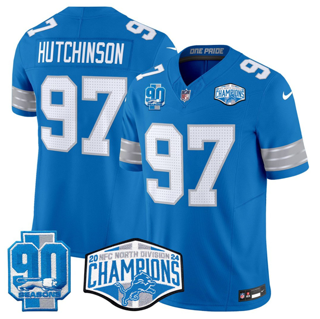 Personalized Men’s Detroit Lions #97 Aidan Hutchinson Blue 2024 NFC North Champions 90th Anniversary Patch F.U.S.E. Limited Stitched Jersey