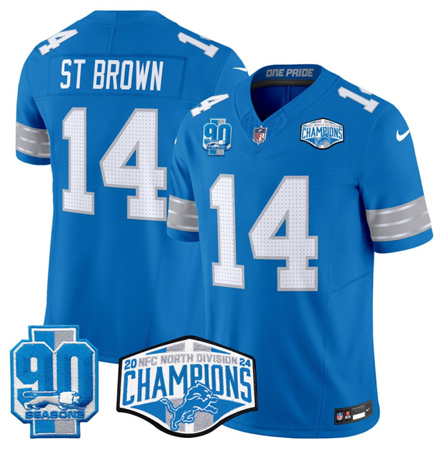 Personalized Men’s Detroit Lions #14 Amon-Ra St. Brown Blue 2024 NFC North Champions 90th Anniversary Patch F.U.S.E. Limited Stitched Jersey