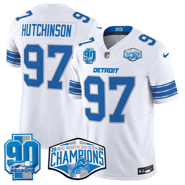 Personalized Men’s Detroit Lions #97 Aidan Hutchinson White 2024 NFC North Champions 90th Anniversary Patch F.U.S.E. Limited Stitched Jersey