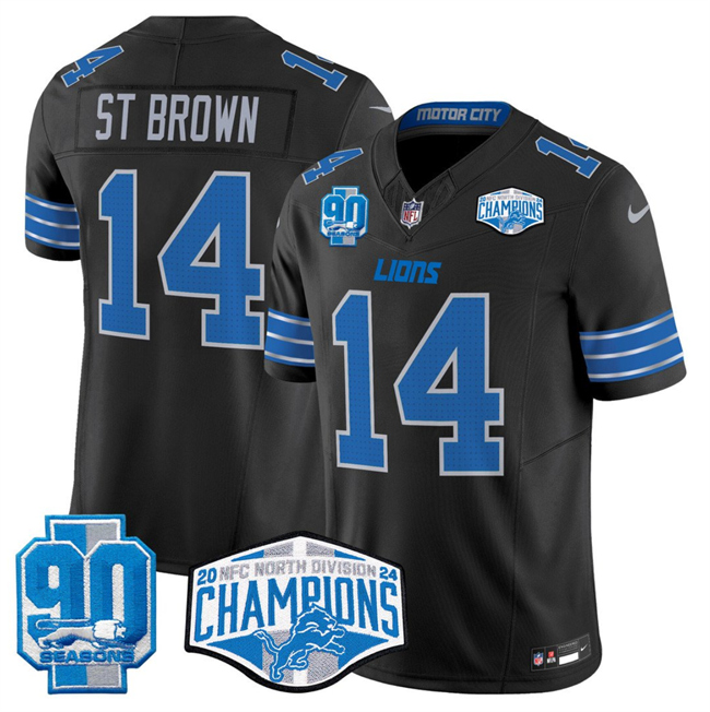 Personalized Men’s Detroit Lions #14 Amon-Ra St. Brown Black 2024 NFC North Champions 90th Anniversary Patch F.U.S.E. Limited Stitched Jersey
