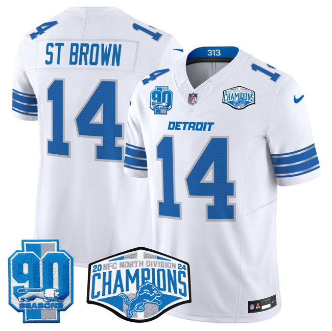 Personalized Men’s Detroit Lions #14 Amon-Ra St. Brown White 2024 NFC North Champions 90th Anniversary Patch F.U.S.E. Limited Stitched Jersey