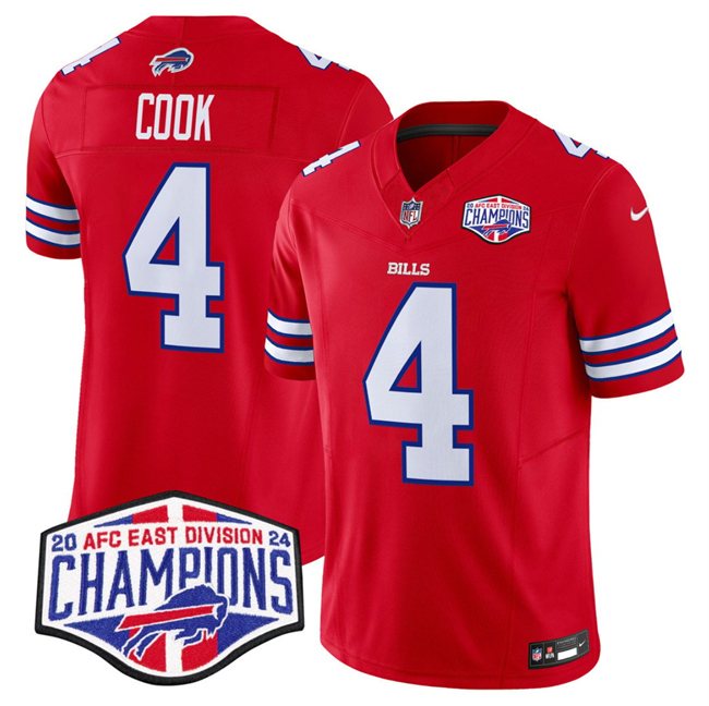 Personalized Men’s Buffalo Bills #4 James Cook Red F.U.S.E. 2024 AFC East Division Champions Limited Stitched Football Jersey