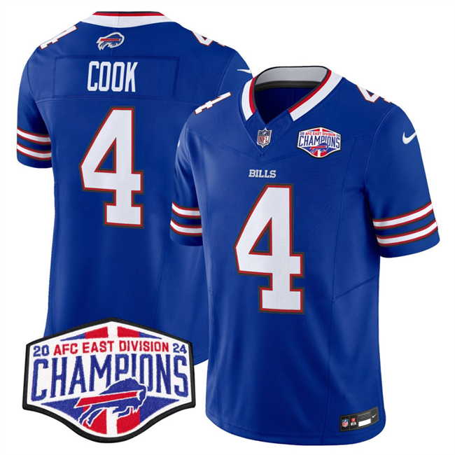 Personalized Men’s Buffalo Bills #4 James Cook Royal F.U.S.E. 2024 AFC East Division Champions Limited Stitched Football Jersey