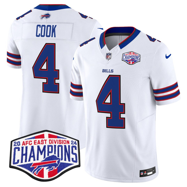 Personalized Men’s Buffalo Bills #4 James Cook White F.U.S.E. 2024 AFC East Division Champions Limited Stitched Football Jersey