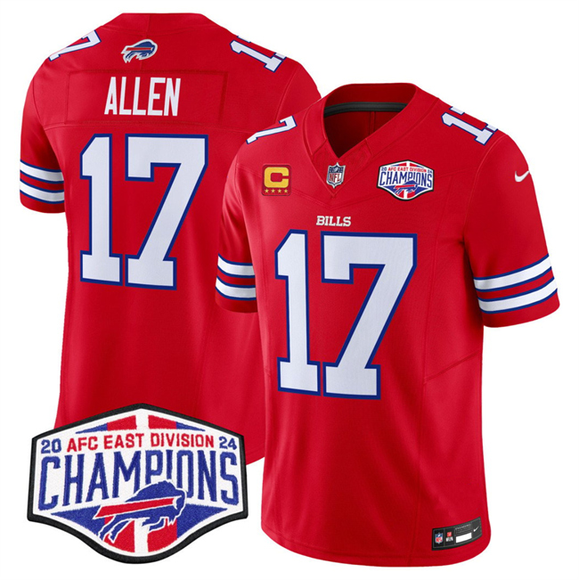 Personalized Men’s Buffalo Bills #17 Josh Allen Red F.U.S.E. 2024 AFC East Division Champions With 4-Star C Ptach Limited Stitched Football Jersey