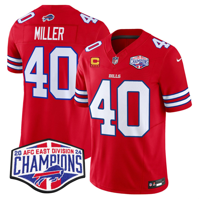 Personalized Men’s Buffalo Bills #40 Von Miller Red F.U.S.E. 2024 AFC East Division Champions With 4-Star C Ptach Limited Stitched Football Jersey