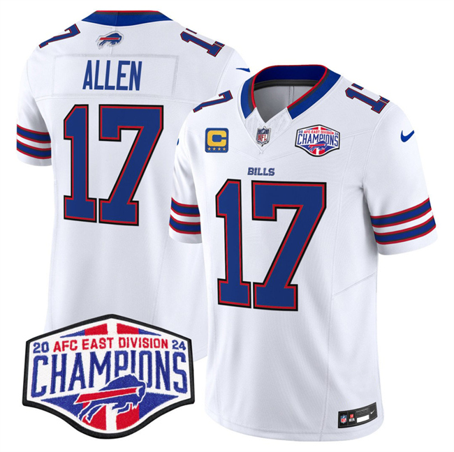 Personalized Men’s Buffalo Bills #17 Josh Allen White F.U.S.E. 2024 AFC East Division Champions With 4-Star C Ptach Limited Stitched Football Jersey