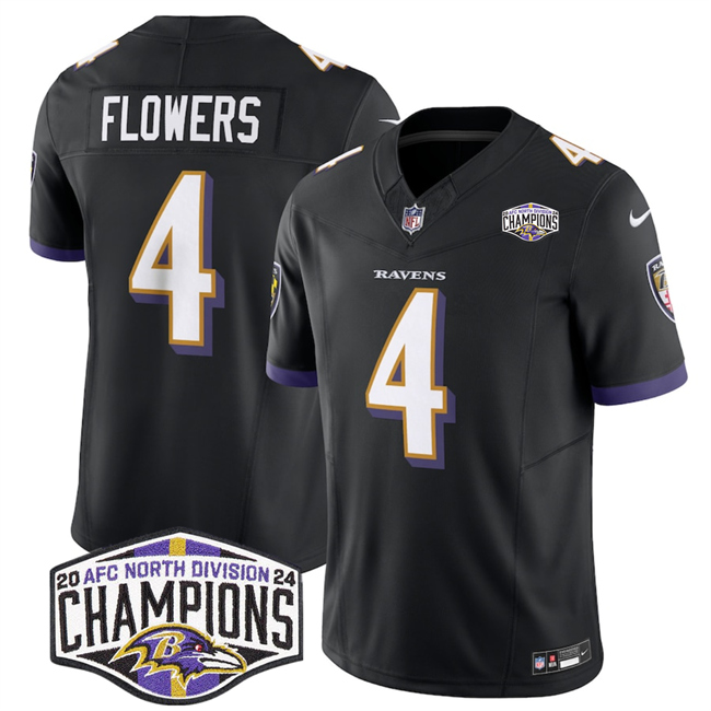 Personalized Men’s Baltimore Ravens #4 Zay Flowers Black F.U.S.E 2024 AFC North Division Champions Limited Football Jersey