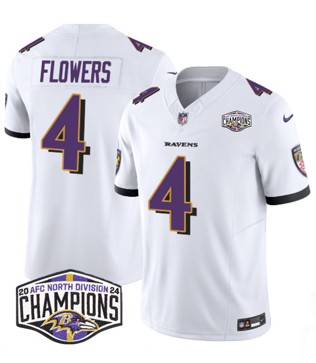 Personalized Men’s Baltimore Ravens #4 Zay Flowers White F.U.S.E 2024 AFC North Division Champions Limited Football Jersey