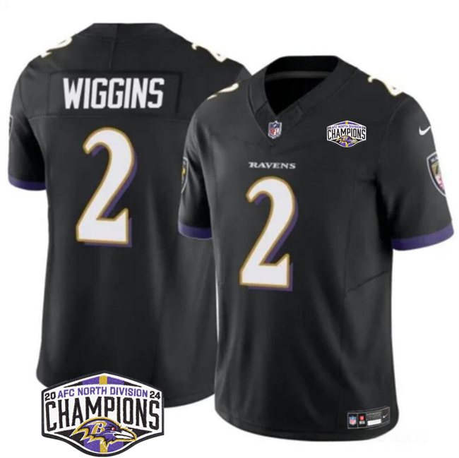 Personalized Men’s Baltimore Ravens #2 Nate Wiggins Black F.U.S.E 2024 AFC North Division Champions Limited Football Jersey