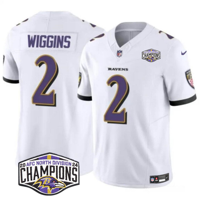 Personalized Men’s Baltimore Ravens #2 Nate Wiggins White F.U.S.E 2024 AFC North Division Champions Limited Football Jersey