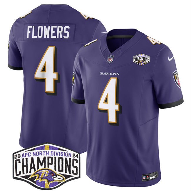 Personalized Men’s Baltimore Ravens #4 Zay Flowers Purple F.U.S.E 2024 AFC North Division Champions Limited Football Jersey