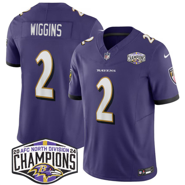 Personalized Men’s Baltimore Ravens #2 Nate Wiggins Purple F.U.S.E 2024 AFC North Division Champions Limited Football Jersey