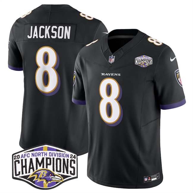 Personalized Men’s Baltimore Ravens #8 Lamar Jackson Black F.U.S.E 2024 AFC North Division Champions Limited Football Jersey