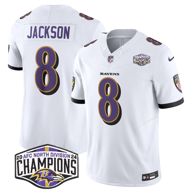 Personalized Men’s Baltimore Ravens #8 Lamar Jackson White F.U.S.E 2024 AFC North Division Champions Limited Football Jersey