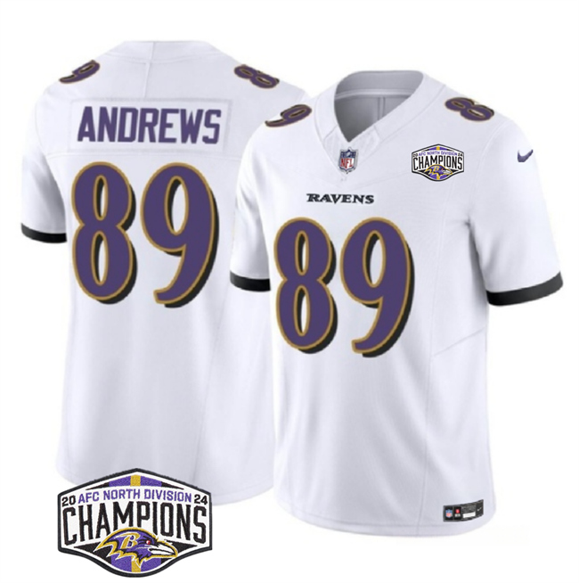 Personalized Men’s Baltimore Ravens #89 Mark Andrews White F.U.S.E 2024 AFC North Division Champions Limited Football Jersey
