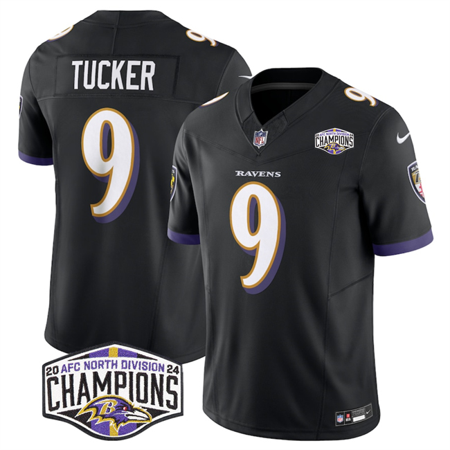 Personalized Men’s Baltimore Ravens #9 Justin Tucker Black F.U.S.E 2024 AFC North Division Champions Limited Football Jersey