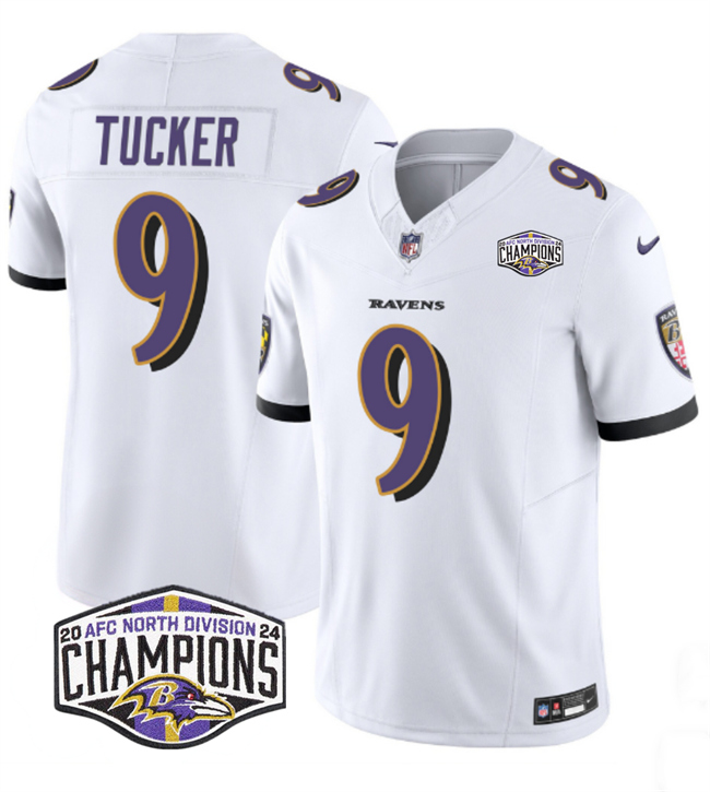 Personalized Men’s Baltimore Ravens #9 Justin Tucker White F.U.S.E 2024 AFC North Division Champions Limited Football Jersey