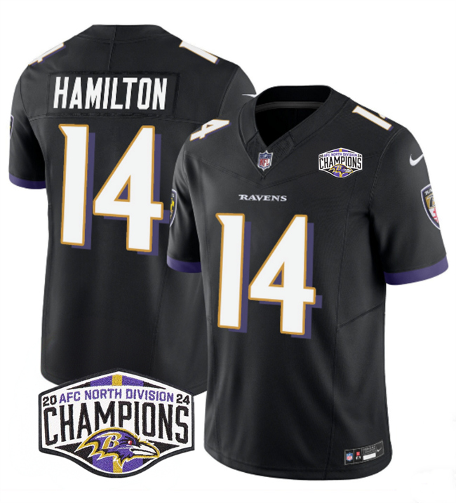 Personalized Men’s Baltimore Ravens #14 Kyle Hamilton Black F.U.S.E 2024 AFC North Division Champions Limited Football Jersey