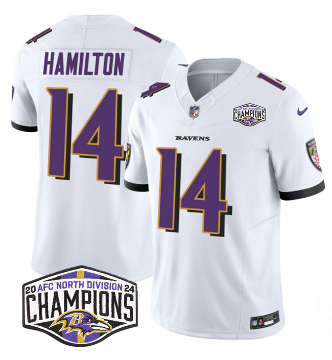 Personalized Men’s Baltimore Ravens #14 Kyle Hamilton White F.U.S.E 2024 AFC North Division Champions Limited Football Jersey