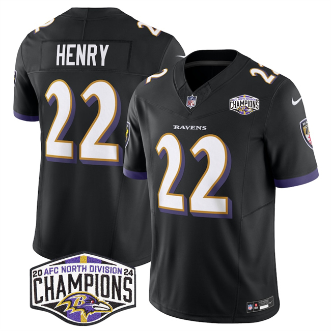 Personalized Men’s Baltimore Ravens #22 Derrick Henry Black F.U.S.E 2024 AFC North Division Champions Limited Football Jersey
