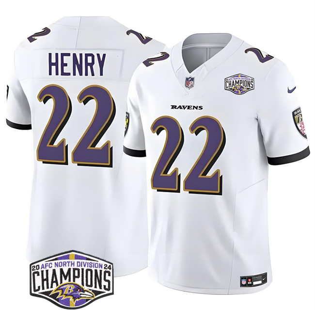 Personalized Men’s Baltimore Ravens #22 Derrick Henry White F.U.S.E 2024 AFC North Division Champions Limited Football Jersey