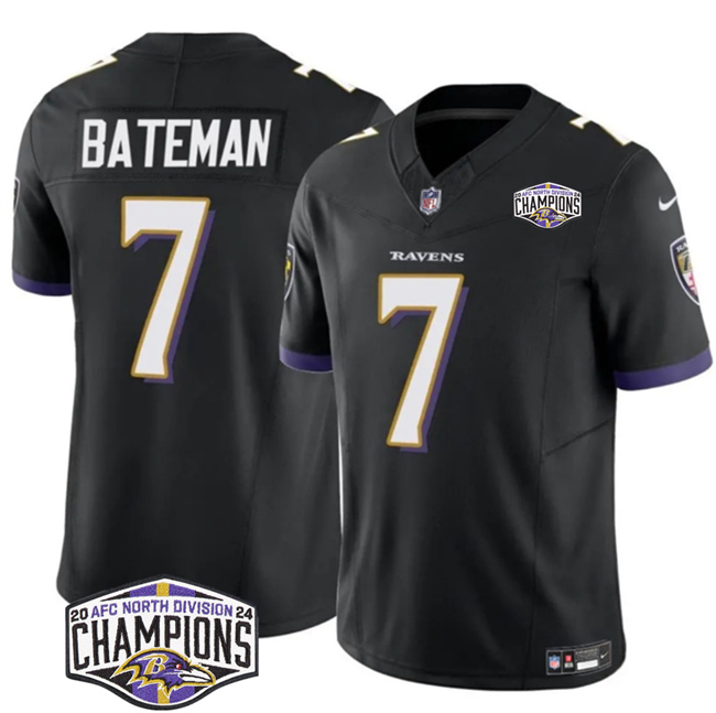 Personalized Men’s Baltimore Ravens #7 Rashod Bateman Black F.U.S.E 2024 AFC North Division Champions Limited Football Jersey