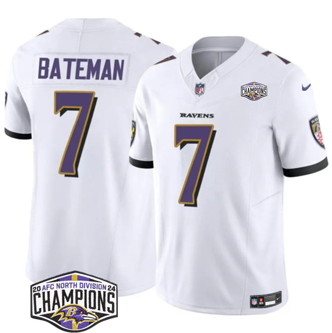 Personalized Men’s Baltimore Ravens #7 Rashod Bateman White F.U.S.E 2024 AFC North Division Champions Limited Football Jersey