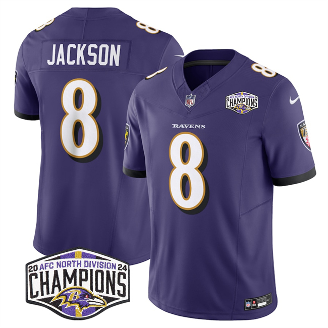 Personalized Men’s Baltimore Ravens #8 Lamar Jackson Purple F.U.S.E 2024 AFC North Division Champions Limited Football Jersey