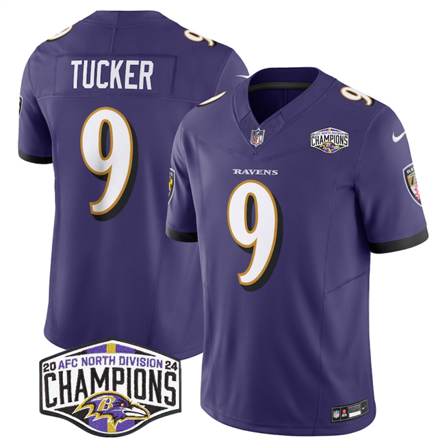 Personalized Men’s Baltimore Ravens #9 Justin Tucker Purple F.U.S.E 2024 AFC North Division Champions Limited Football Jersey