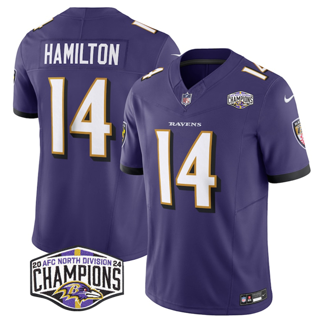 Personalized Men’s Baltimore Ravens #14 Kyle Hamilton Purple F.U.S.E 2024 AFC North Division Champions Limited Football Jersey
