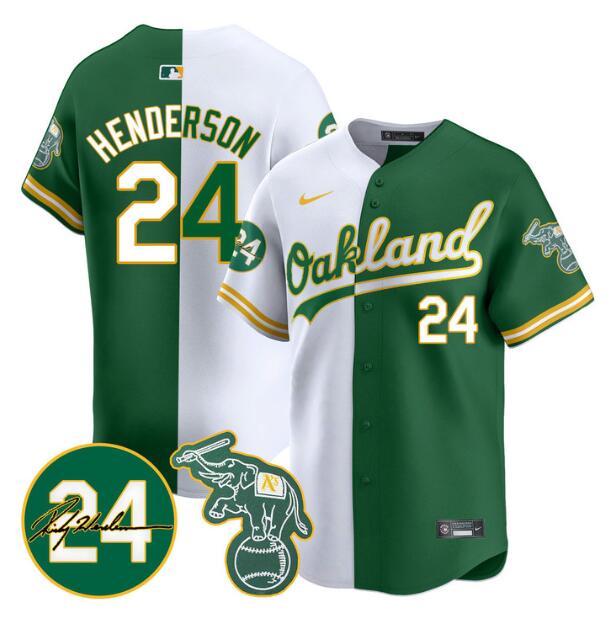 Personalized Men’s Oakland Athletics #24 Ricky Henderson White Green Split 2024 Limited With Patch Stitched Jersey